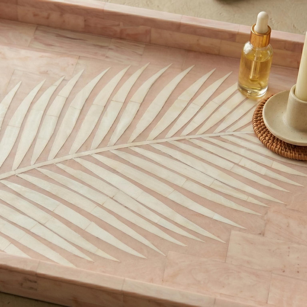 Pink Palm Leaf Tray Bone Inlay Decorative Vanity Tray