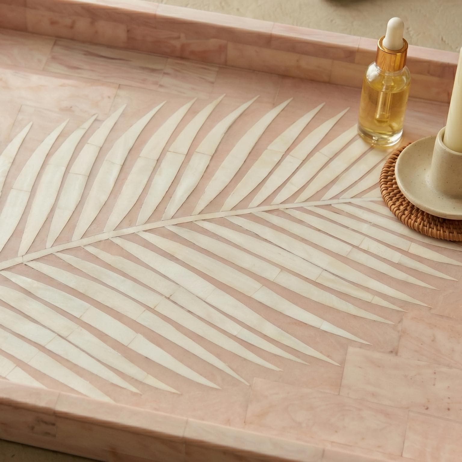 Pink Palm Leaf Tray Bone Inlay Decorative Vanity Tray