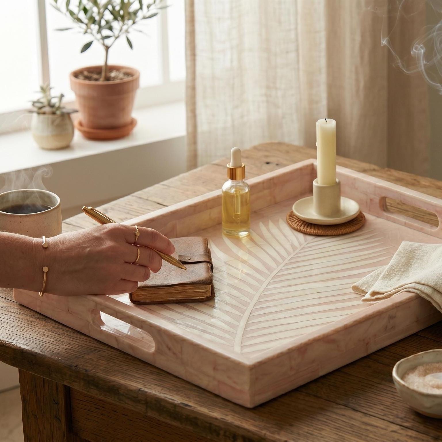 Pink Palm Leaf Tray Bone Inlay Decorative Vanity Tray