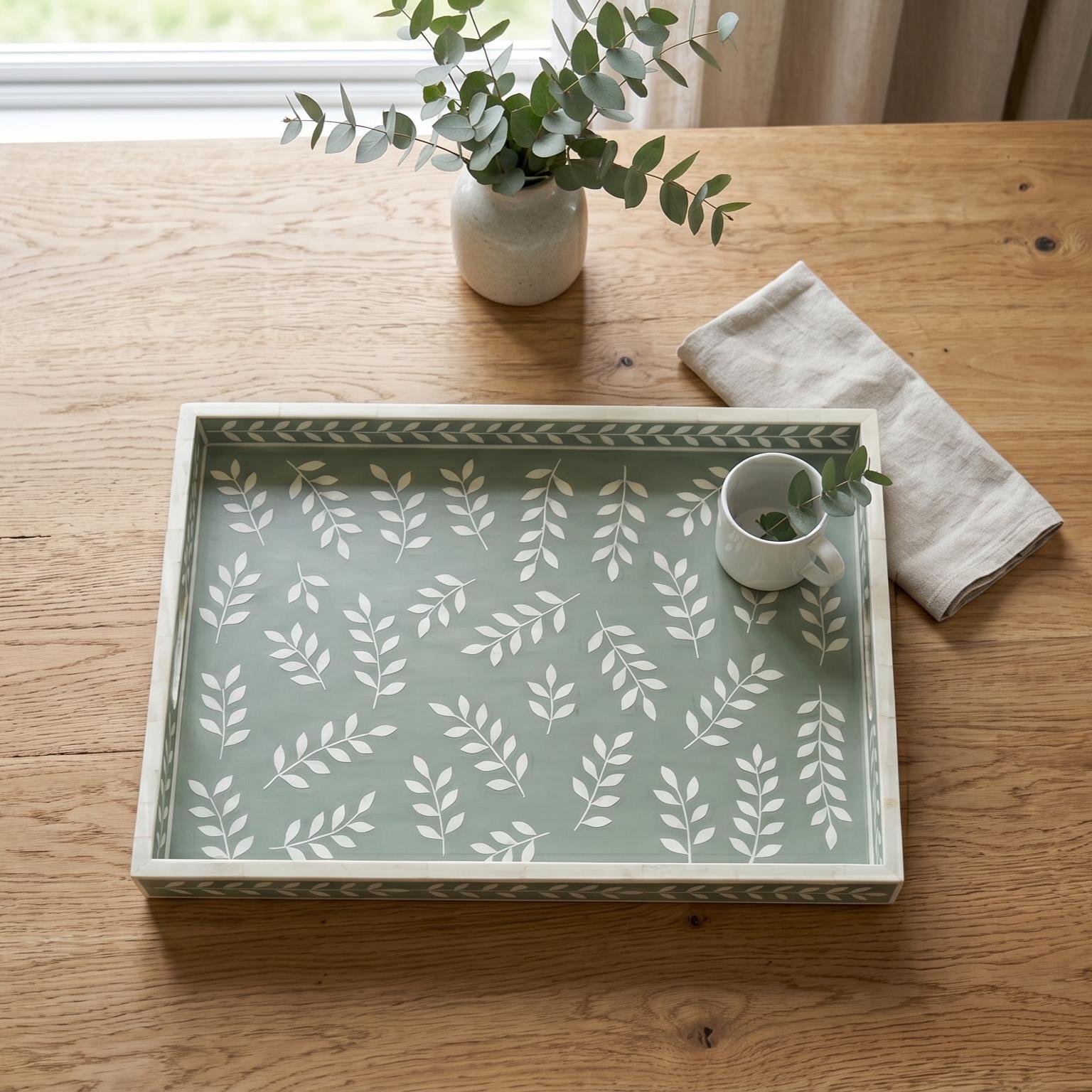 Bone Inlay Serving Tray Delicate Leaf Handmade Decorative Tray