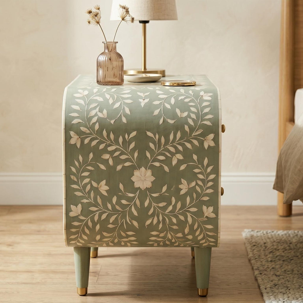 Sage Green Bone Inlay Nightstand Rounded Luxury Design