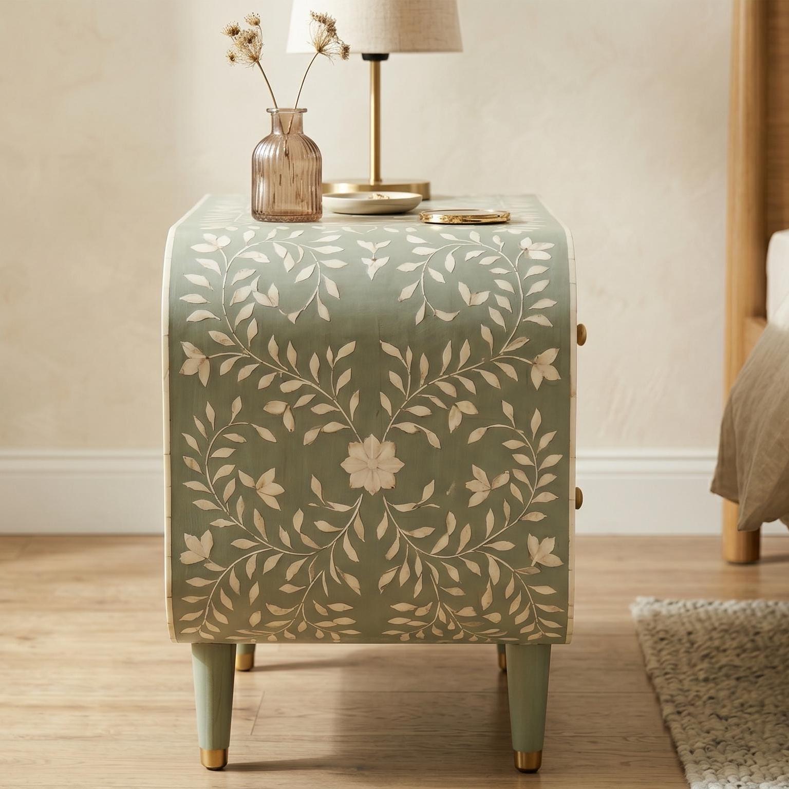 Sage Green Bone Inlay Nightstand Rounded Luxury Design