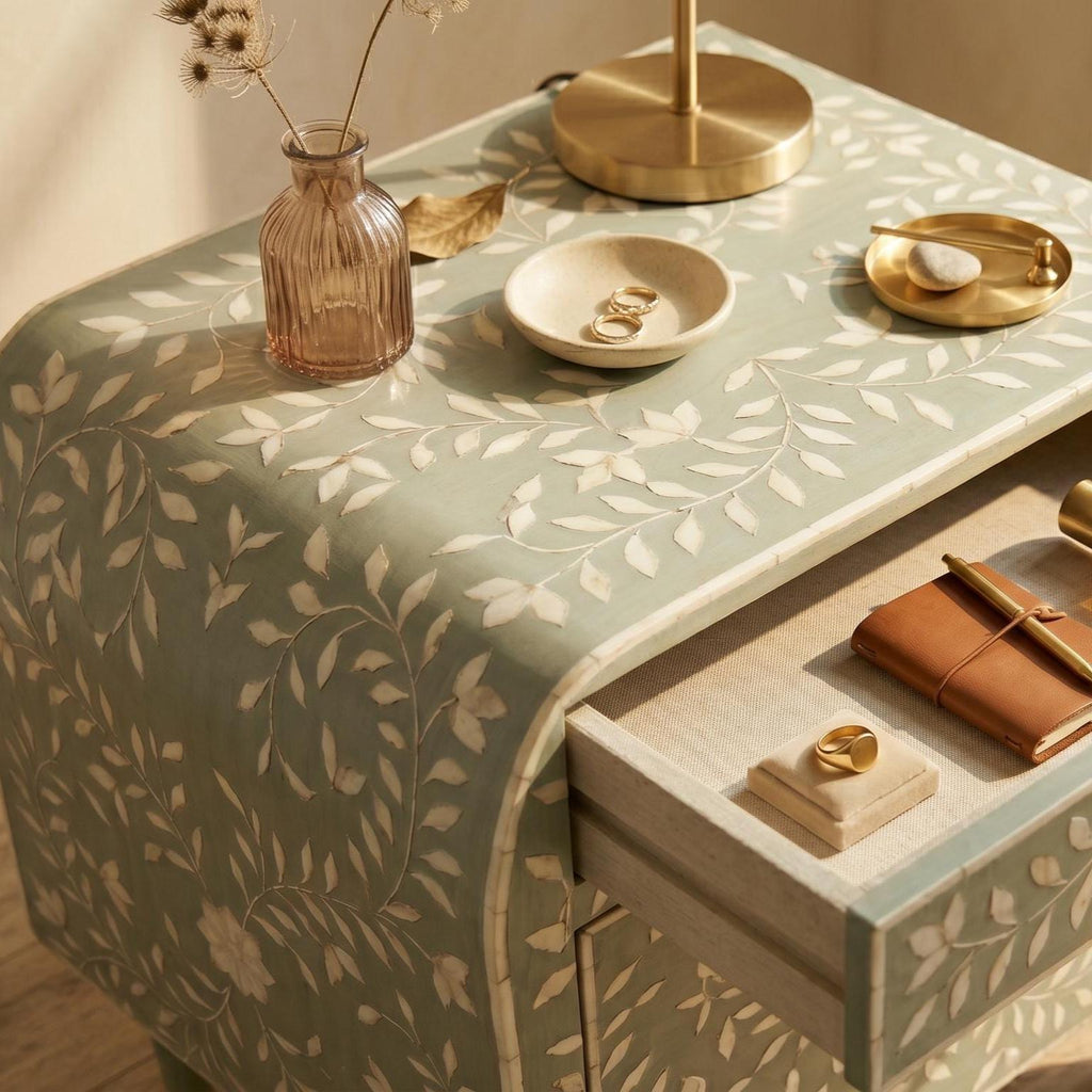 Sage Green Bone Inlay Nightstand Rounded Luxury Design