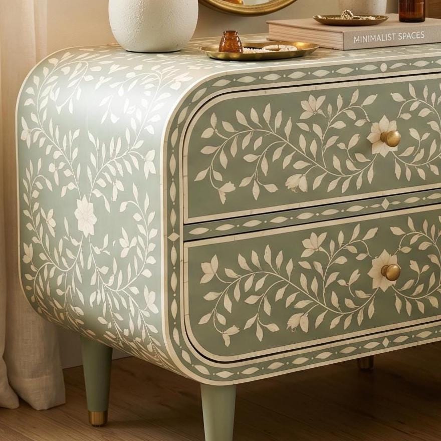 Sage Green Bone Inlay Nightstand Rounded Luxury Design