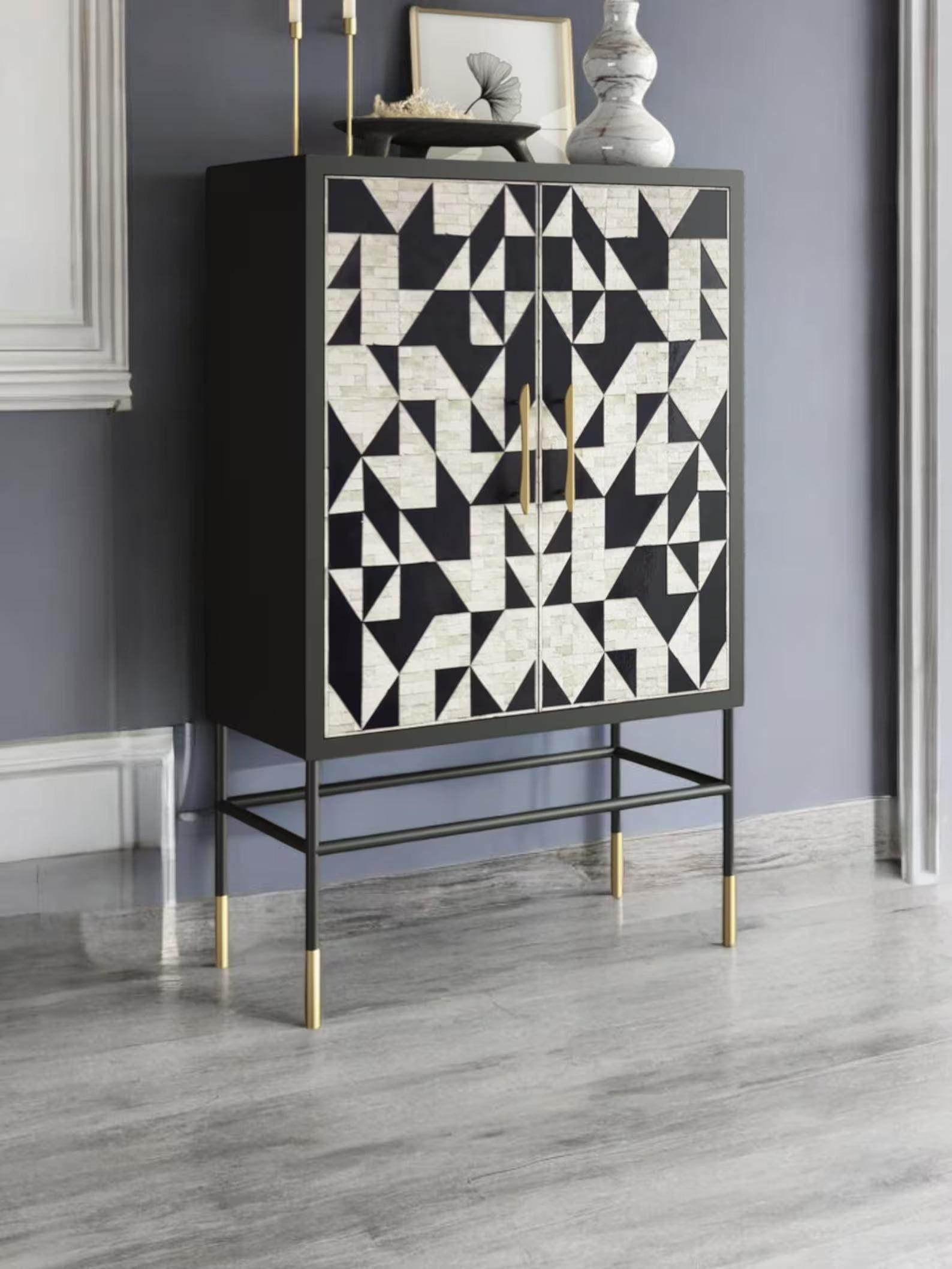 Geometric Bone Inlay Bar Cabinet – Handmade Modern Drinks Storage Furniture