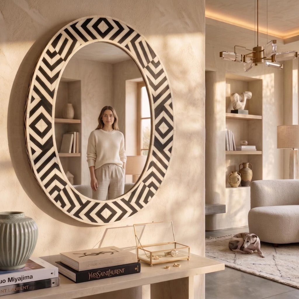 Luxury Oval Bone Inlay Mirror Geometric Pattern Handmade Wall Mirror | unique mirror
