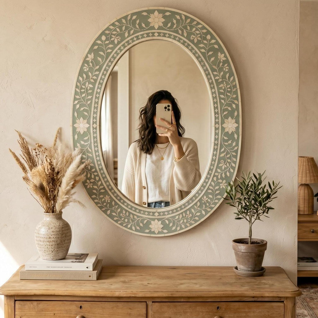 Sage Green Floral Oval Mirror Bone Inlay Handmade Wall Vanity Decor