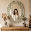 Sage Green Floral Oval Mirror Bone Inlay Handmade Wall Vanity Decor