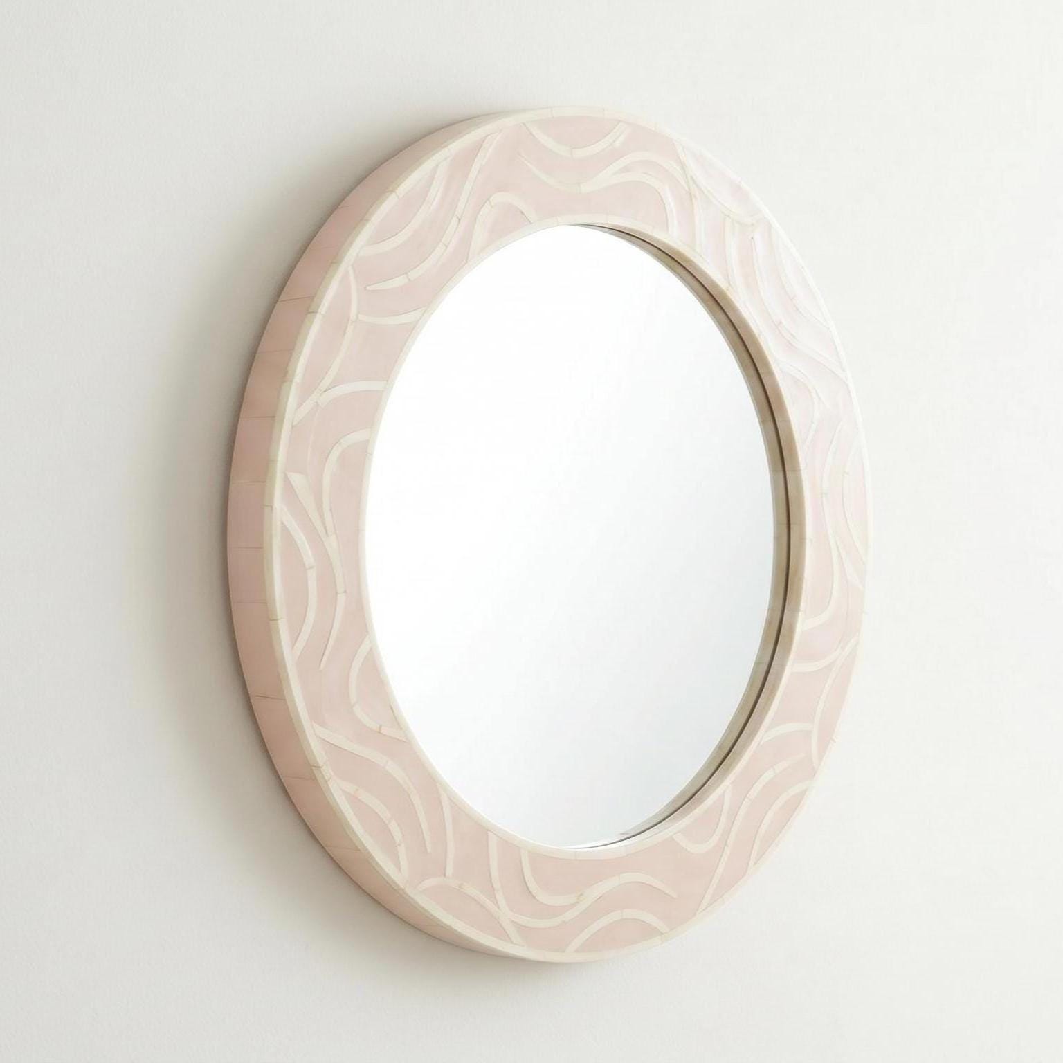 Blush Pink bone inlay round Mirror Handmade Minimal Round Wall Decor Luxury Vanity