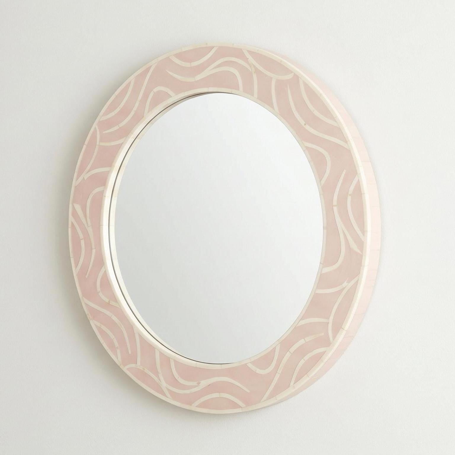 Blush Pink bone inlay round Mirror Handmade Minimal Round Wall Decor Luxury Vanity