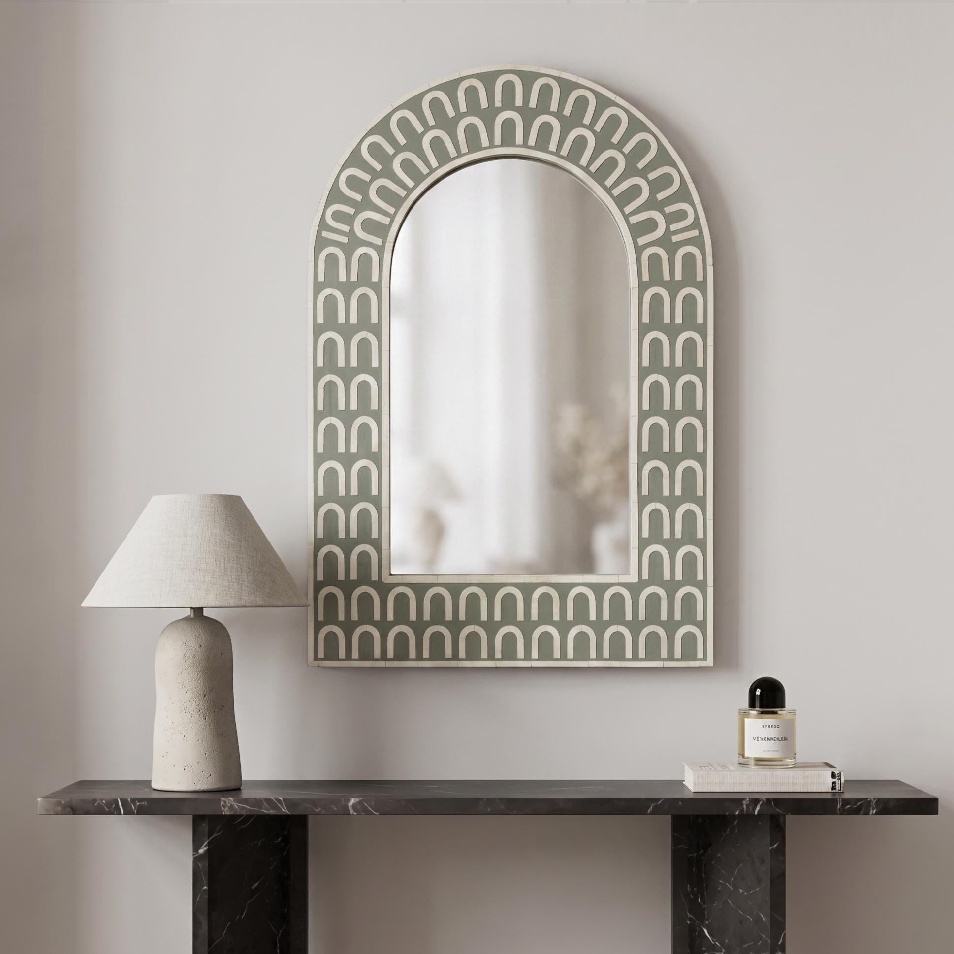 Green Bone Inlay Mirror – Arch Shape Handmade Modern Wall Decor luxury home decor
