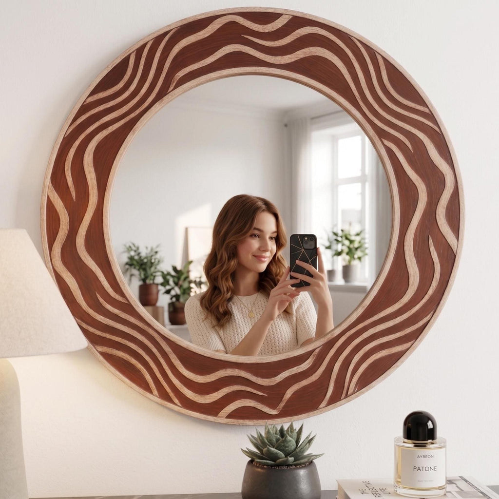 Terracotta Bone Inlay Mirror – Handmade Round Wavy Organic Wall Decor | unique mirror