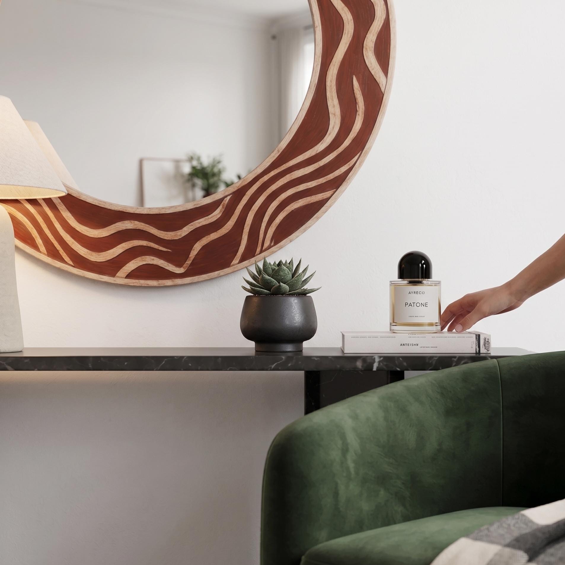 Terracotta Bone Inlay Mirror – Handmade Round Wavy Organic Wall Decor | unique mirror