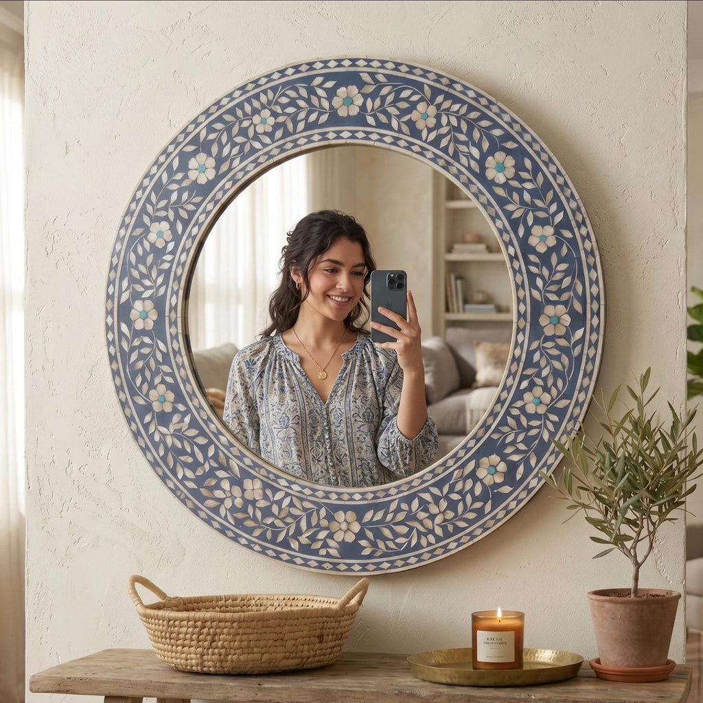 Floral Bone Inlay Round Mirror – Handmade Luxury Wall Decor | unique mirror