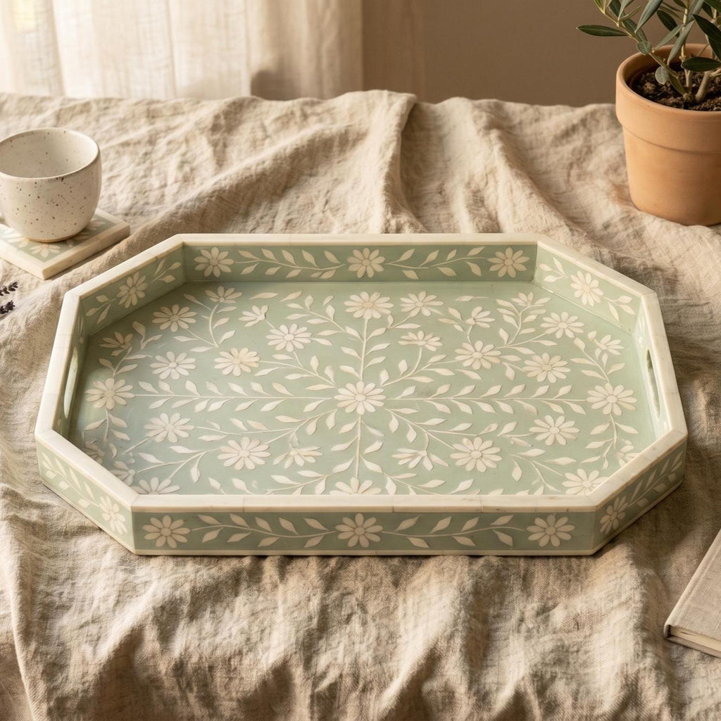Sage Green Floral Tray Bone Inlay Daisy Pattern Handmade Decor