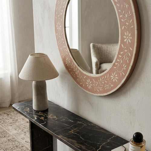 Blush Pink Bone Inlay Mirror – Minimal Floral Round Handmade Wall Decor