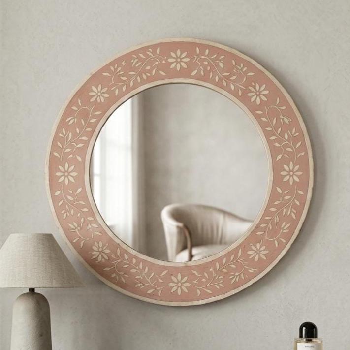 Blush Pink Bone Inlay Mirror – Minimal Floral Round Handmade Wall Decor