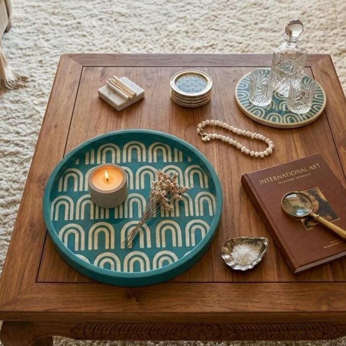 Turquoise Bone Inlay Round Tray Handmade Luxury Serving Tray