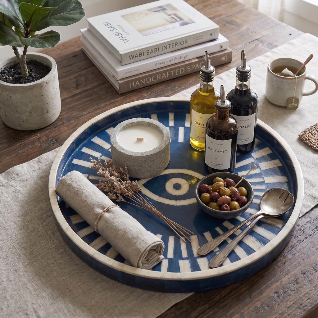 Evil Eye Bone Inlay Round Tray | Handmade Minimal Blue Luxury Serving Tray