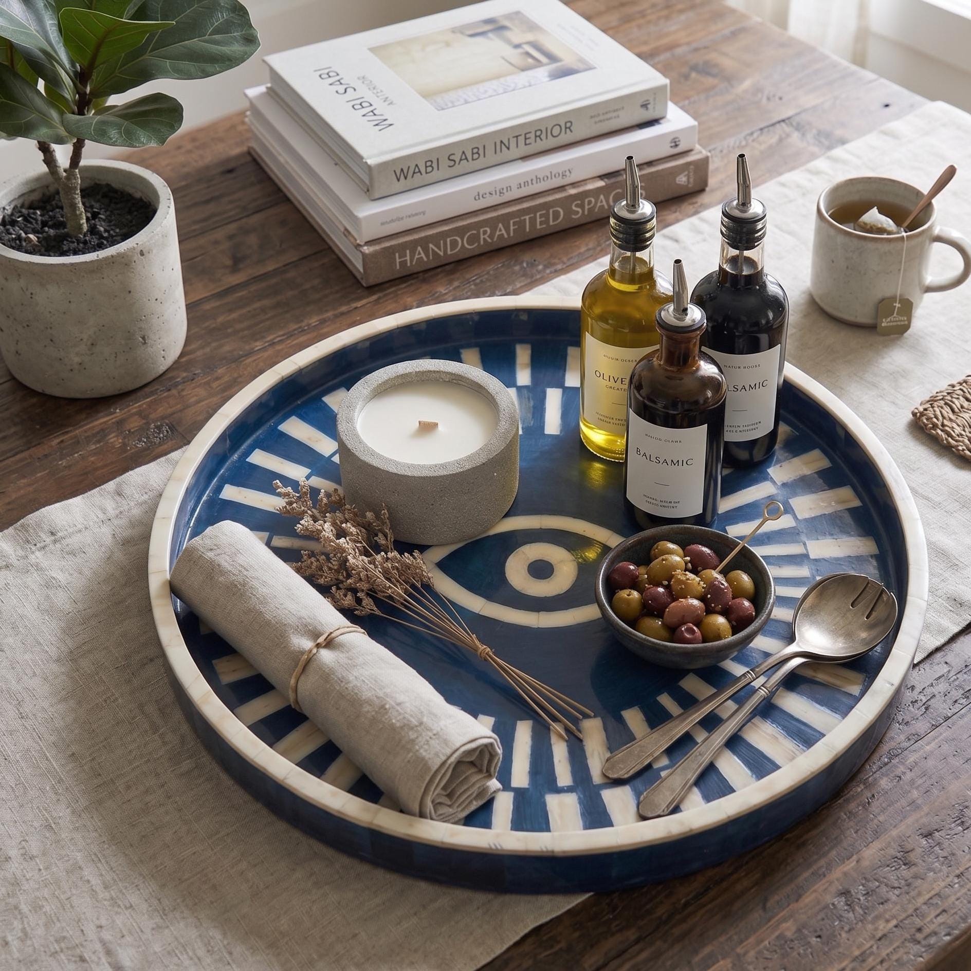 Evil Eye Bone Inlay Round Tray | Handmade Minimal Blue Luxury Serving Tray