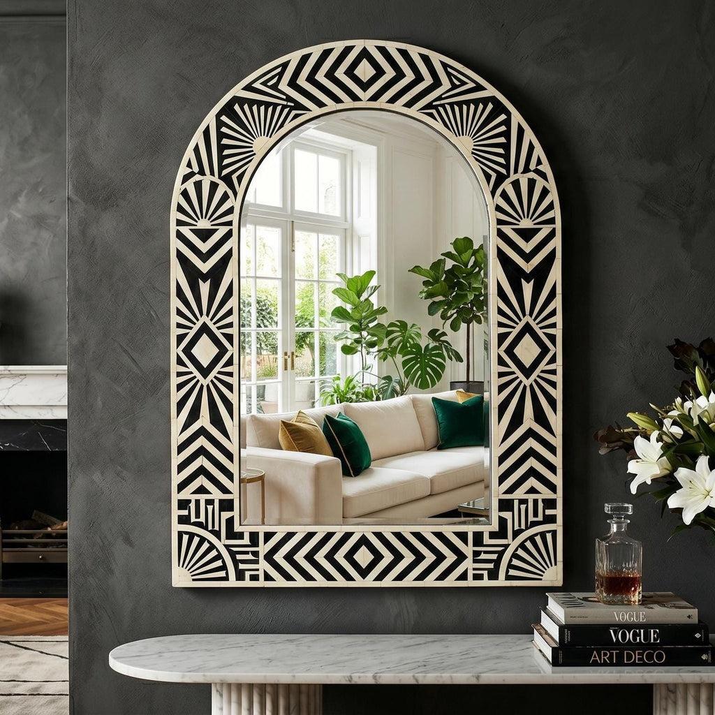 Art Deco Arch Mirror Bone Inlay Black Ivory Geometric Wall Mirror luxury