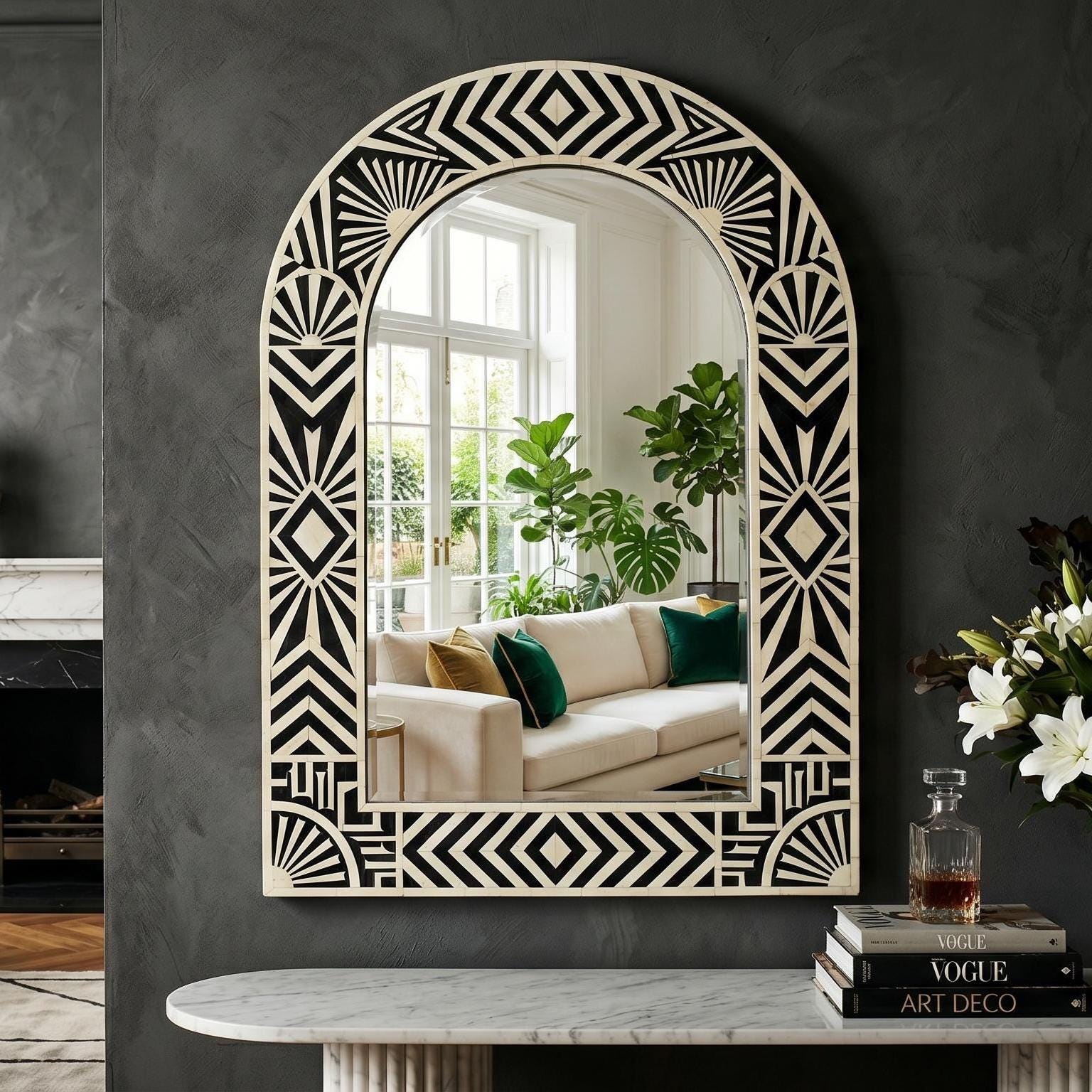 Art Deco Arch Mirror Bone Inlay Black Ivory Geometric Wall Mirror luxury