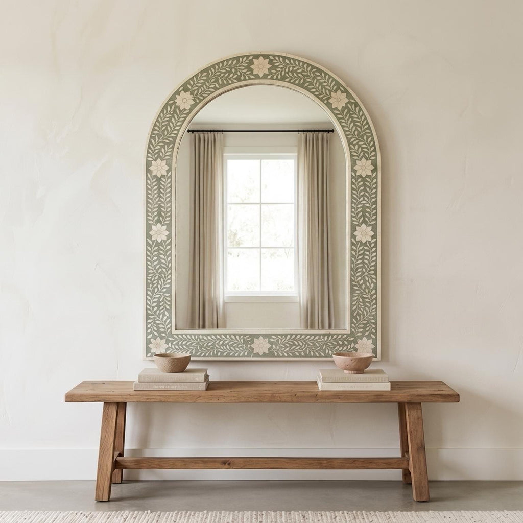 Floral Bone Inlay Arch Mirror Sage Green Wall Vanity Decor