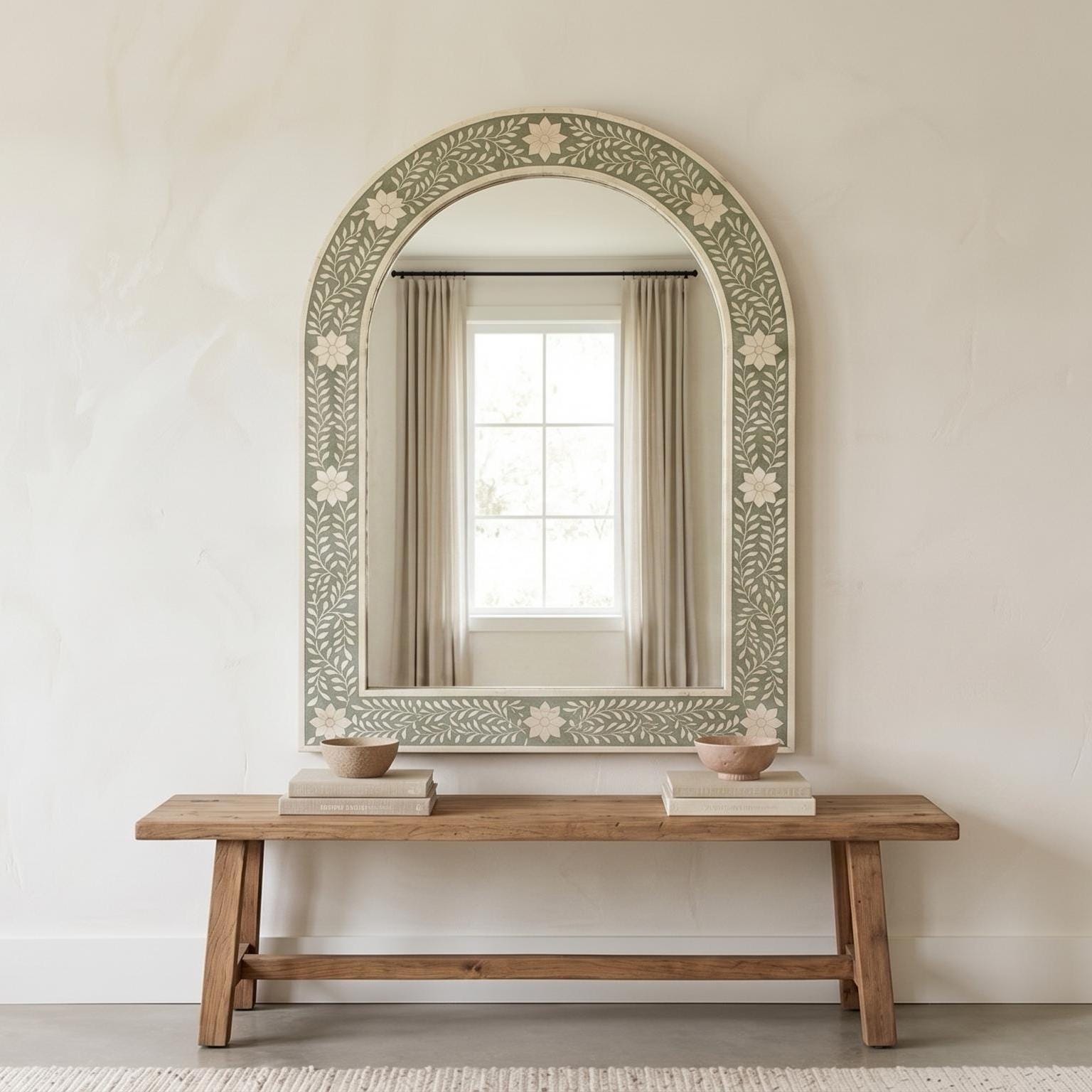 Floral Bone Inlay Arch Mirror Sage Green Wall Vanity Decor
