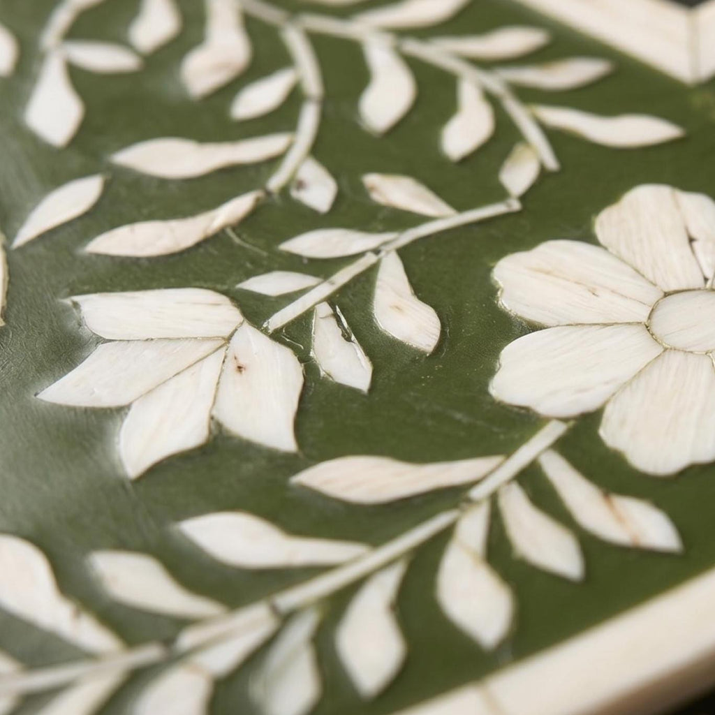 Floral Bone Inlay Arch Mirror olive Green Wall Vanity Decor