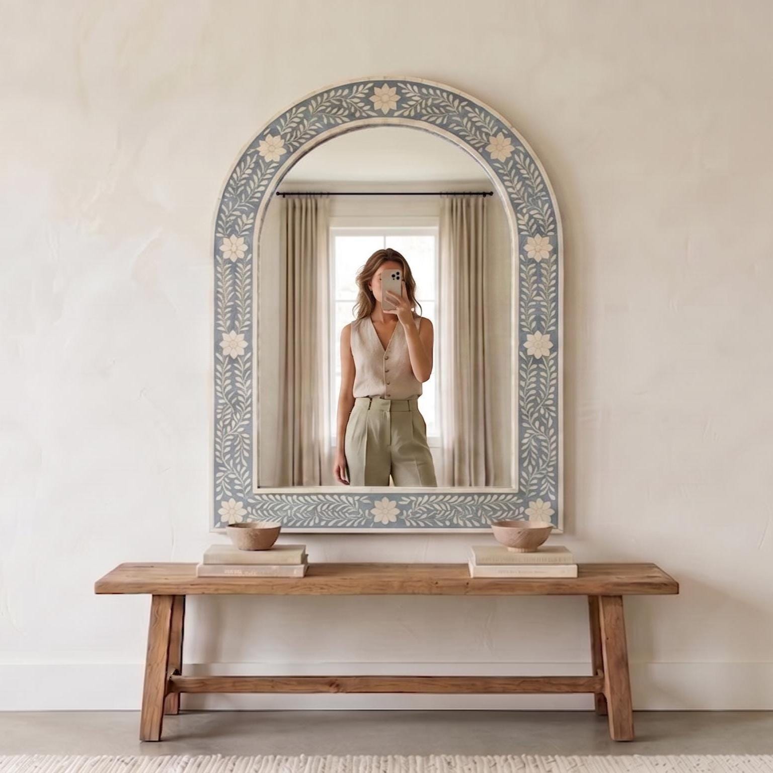 Floral Bone Inlay Arch Mirror dusty blue Wall Vanity Decor