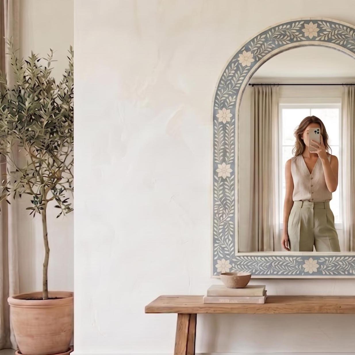 Floral Bone Inlay Arch Mirror dusty blue Wall Vanity Decor