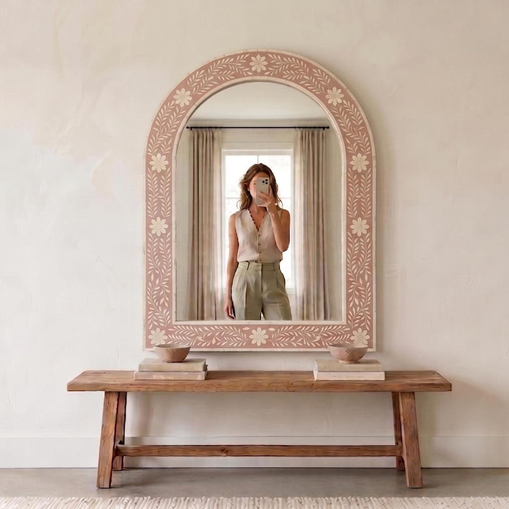 Floral Bone Inlay Arch Mirror blush pink Wall Vanity Decor