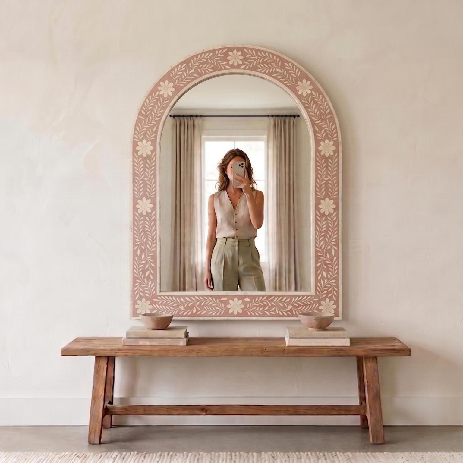 Floral Bone Inlay Arch Mirror blush pink Wall Vanity Decor
