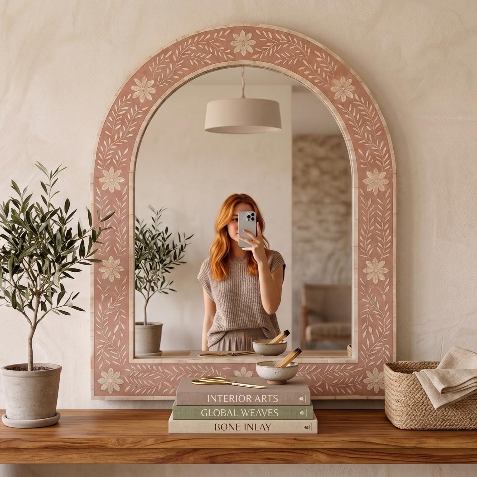Floral Bone Inlay Arch Mirror blush pink Wall Vanity Decor