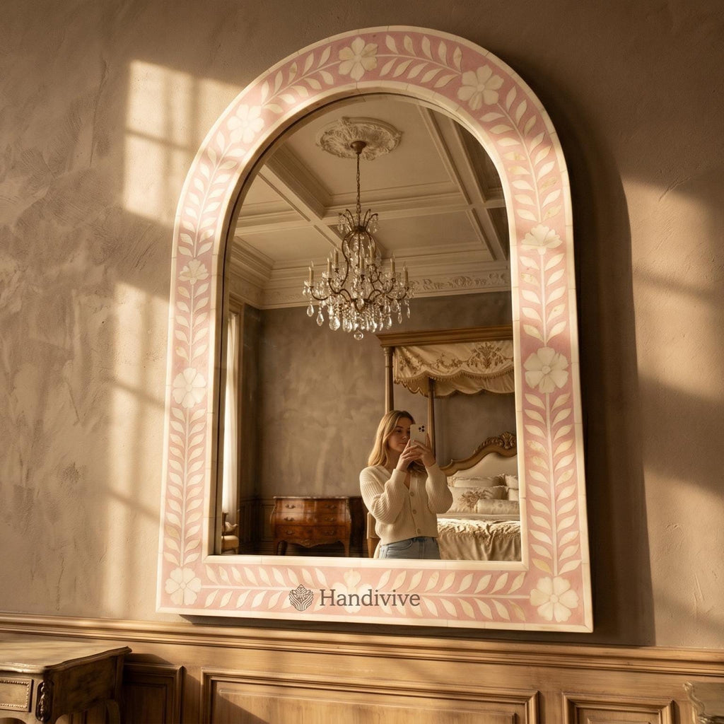 Floral Arch Mirror Pink Bone Inlay Wall Hanging Decor