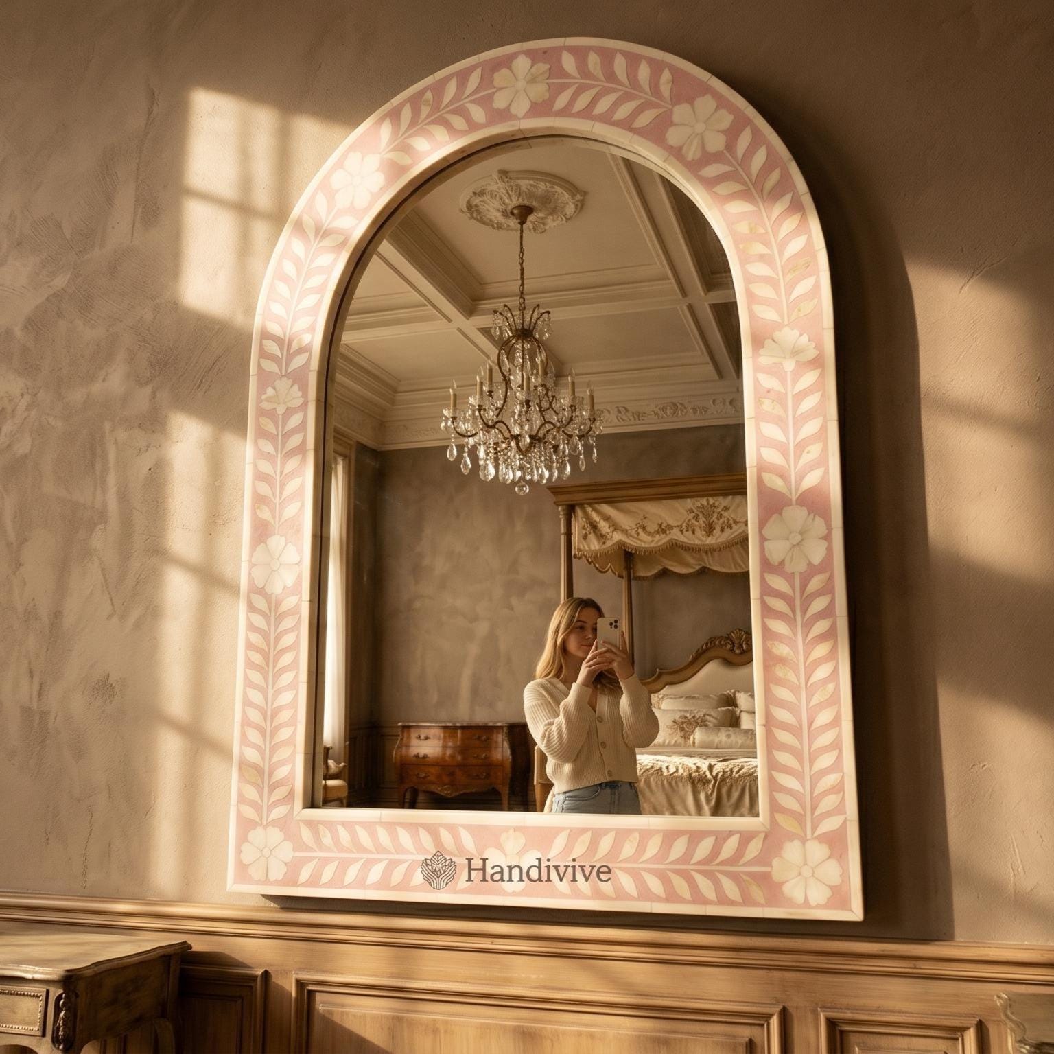 Floral Arch Mirror Pink Bone Inlay Wall Hanging Decor