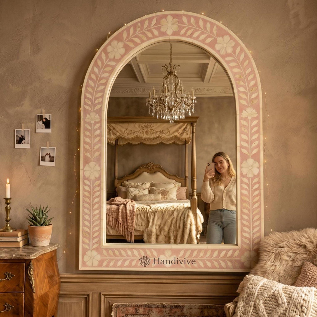 Floral Arch Mirror Pink Bone Inlay Wall Hanging Decor