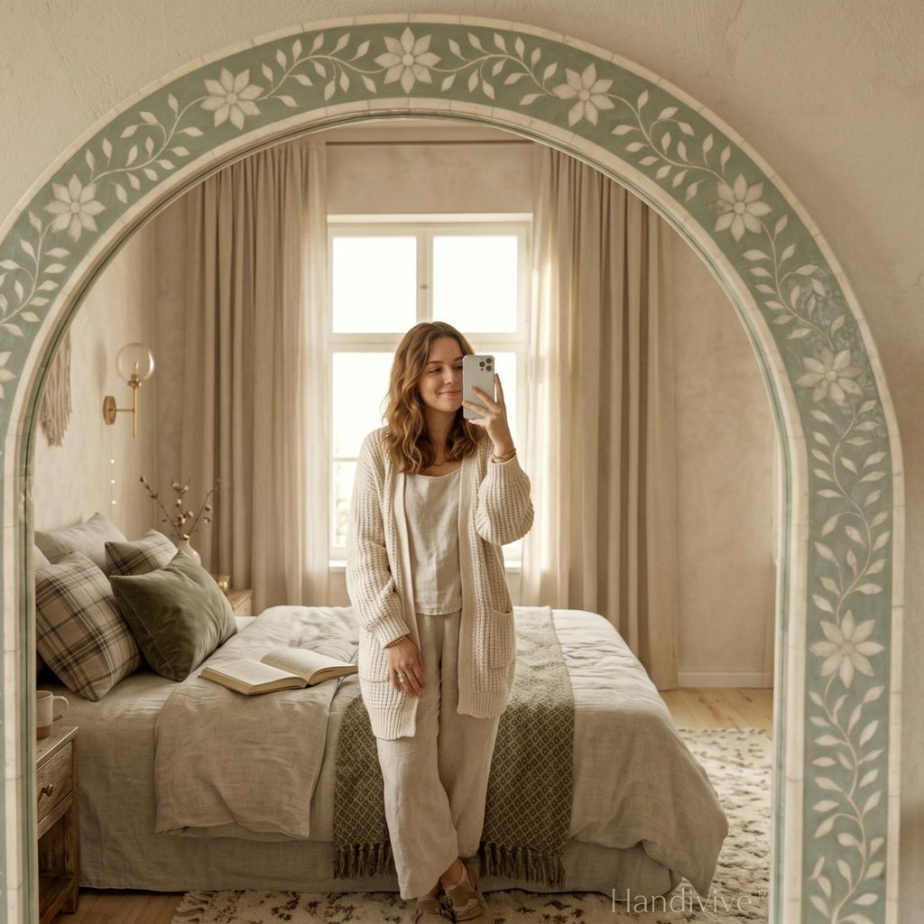 Sage Green Floral Bone Inlay Arch Mirror Wall Decor