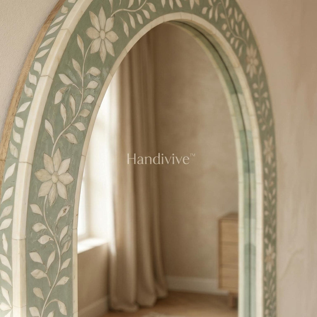 Sage Green Floral Bone Inlay Arch Mirror Wall Decor