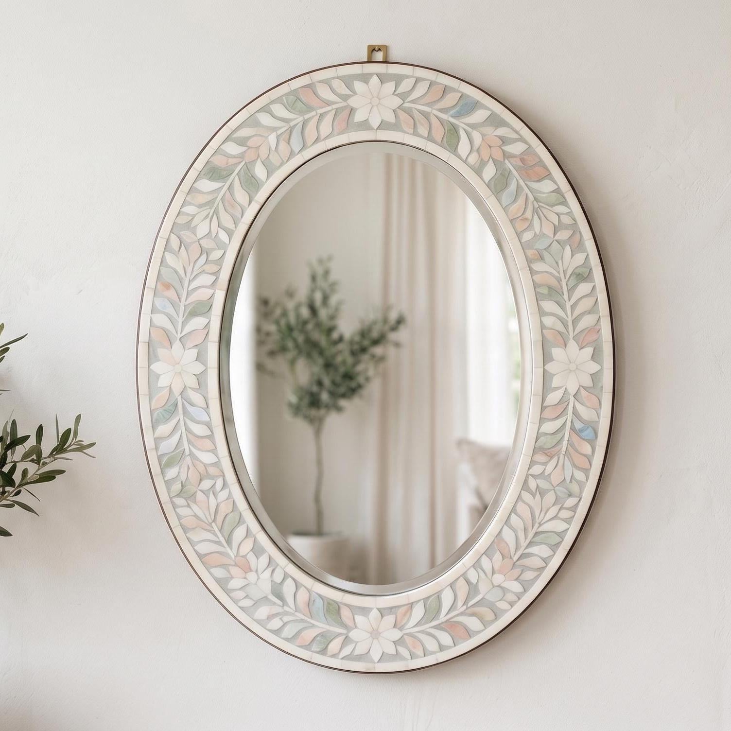 Oval Bone Inlay Floral Mirror – Boho Home Decor, Artisan Crafted Ivory Floral Wall Accent