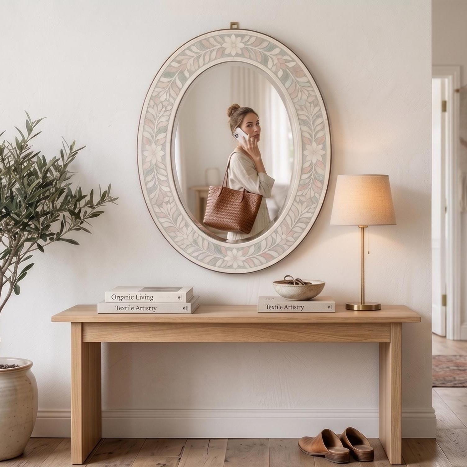 Oval Bone Inlay Floral Mirror – Boho Home Decor, Artisan Crafted Ivory Floral Wall Accent