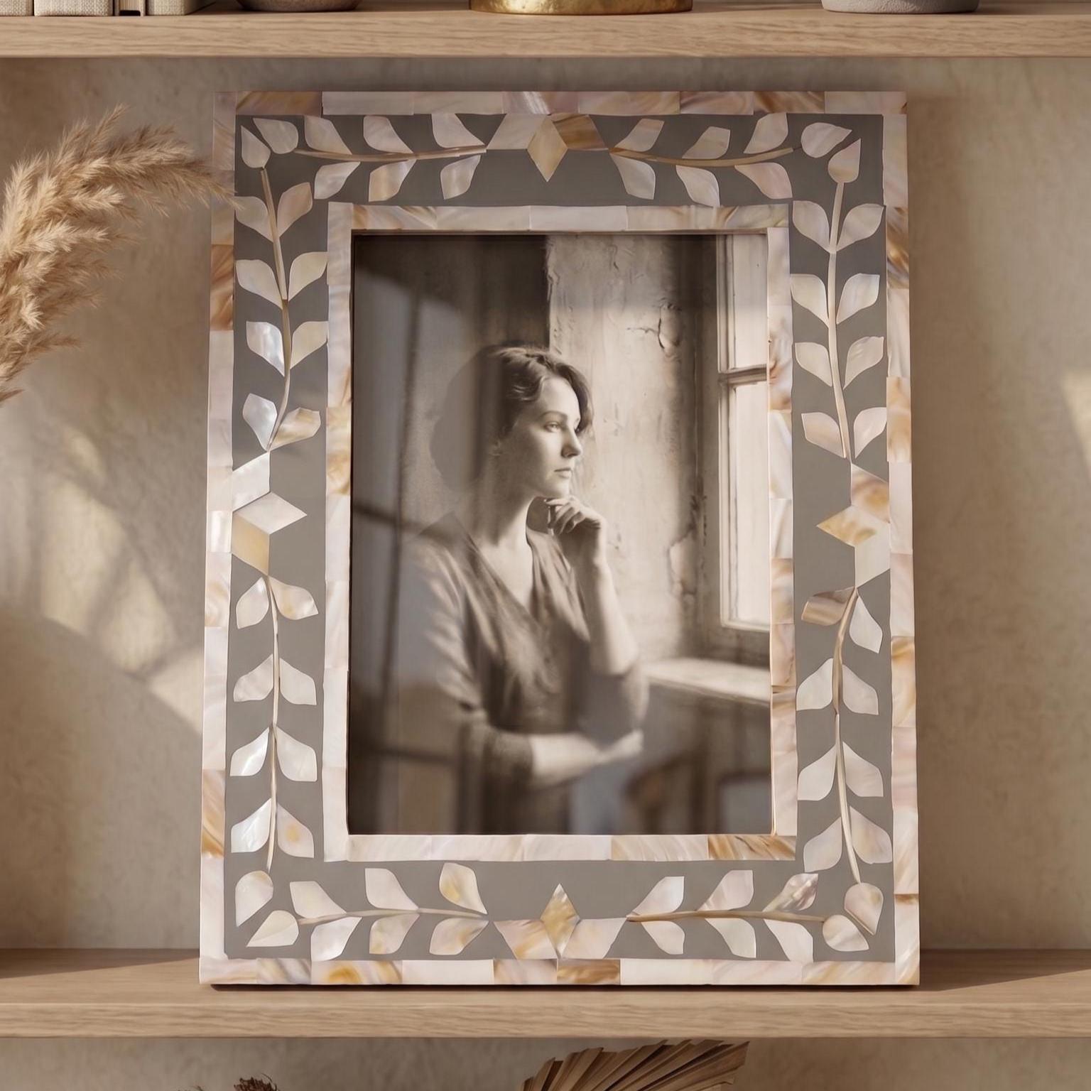 Handmade Grey MOP Picture Frame Floral Photo Frame Decor