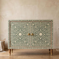 Sage Green Bone Inlay Bar Cabinet Floral Handmade Storage Cabinet