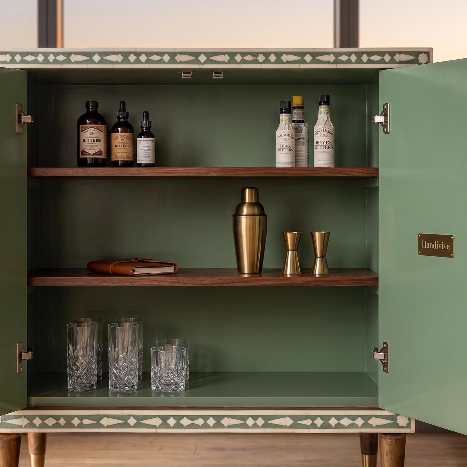 Sage Green Bone Inlay Bar Cabinet Floral Handmade Storage Cabinet