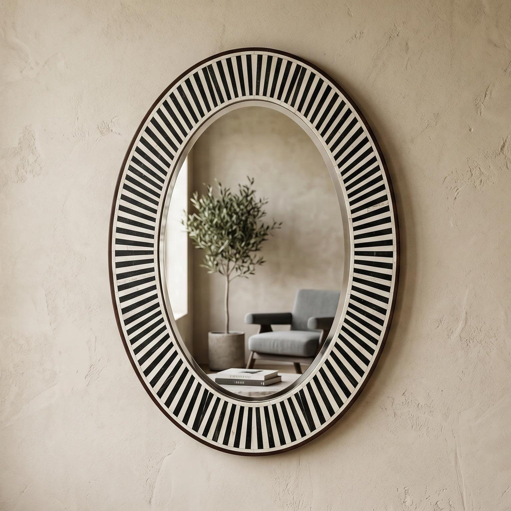 Oval Bone Inlay Mirror Black White Stripe Vanity Decor