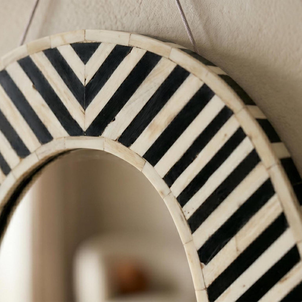 Black White Striped Bone Inlay Oval Wall Mirror Handmade vanity Decor