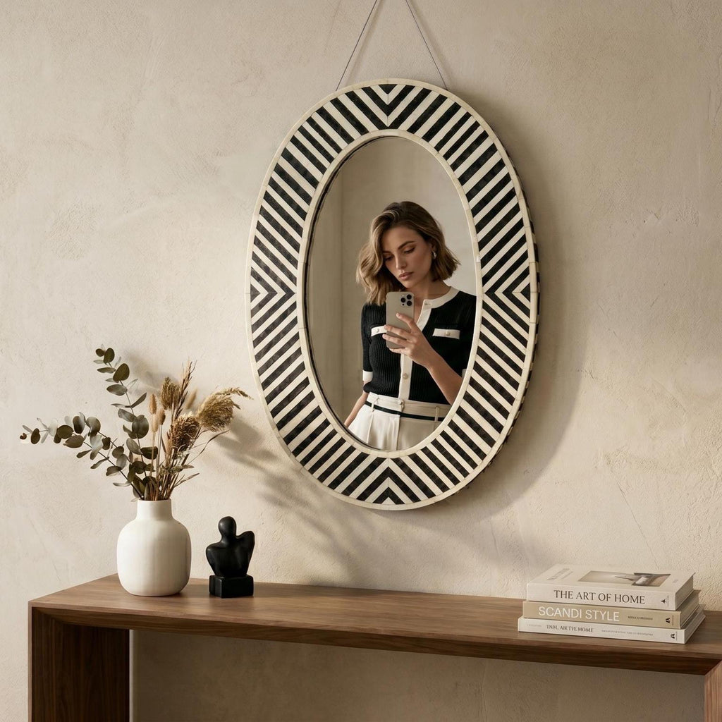 Black White Striped Bone Inlay Oval Wall Mirror Handmade vanity Decor