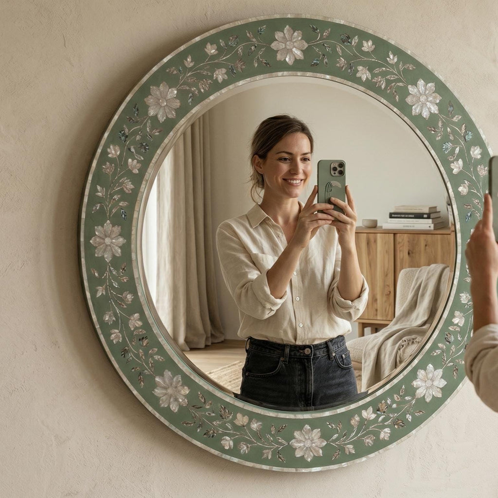 Sage Green Mother of Pearl Floral Inlay Mirror Luxury Wall Decor