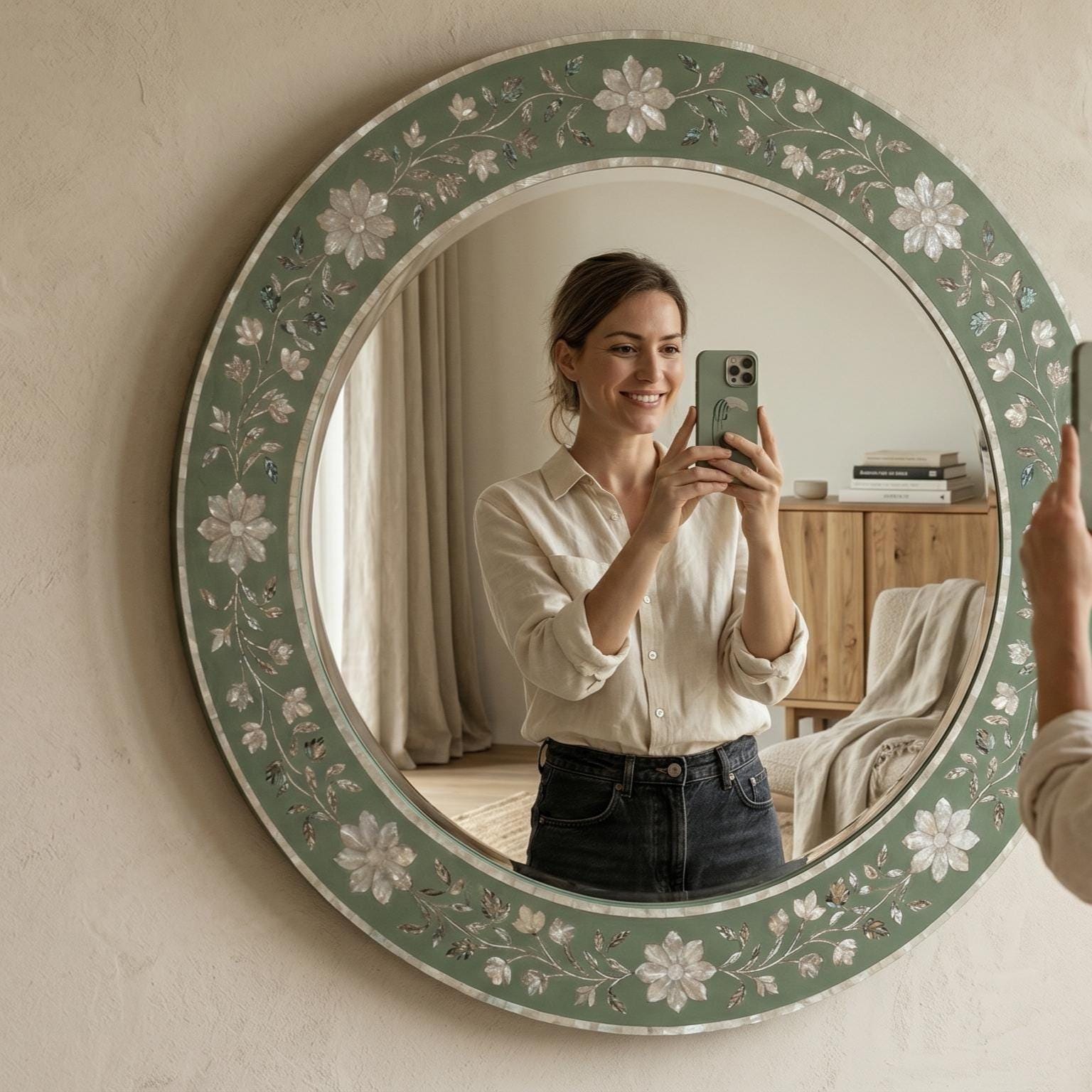 Sage Green Mother of Pearl Floral Inlay Mirror Luxury Wall Decor