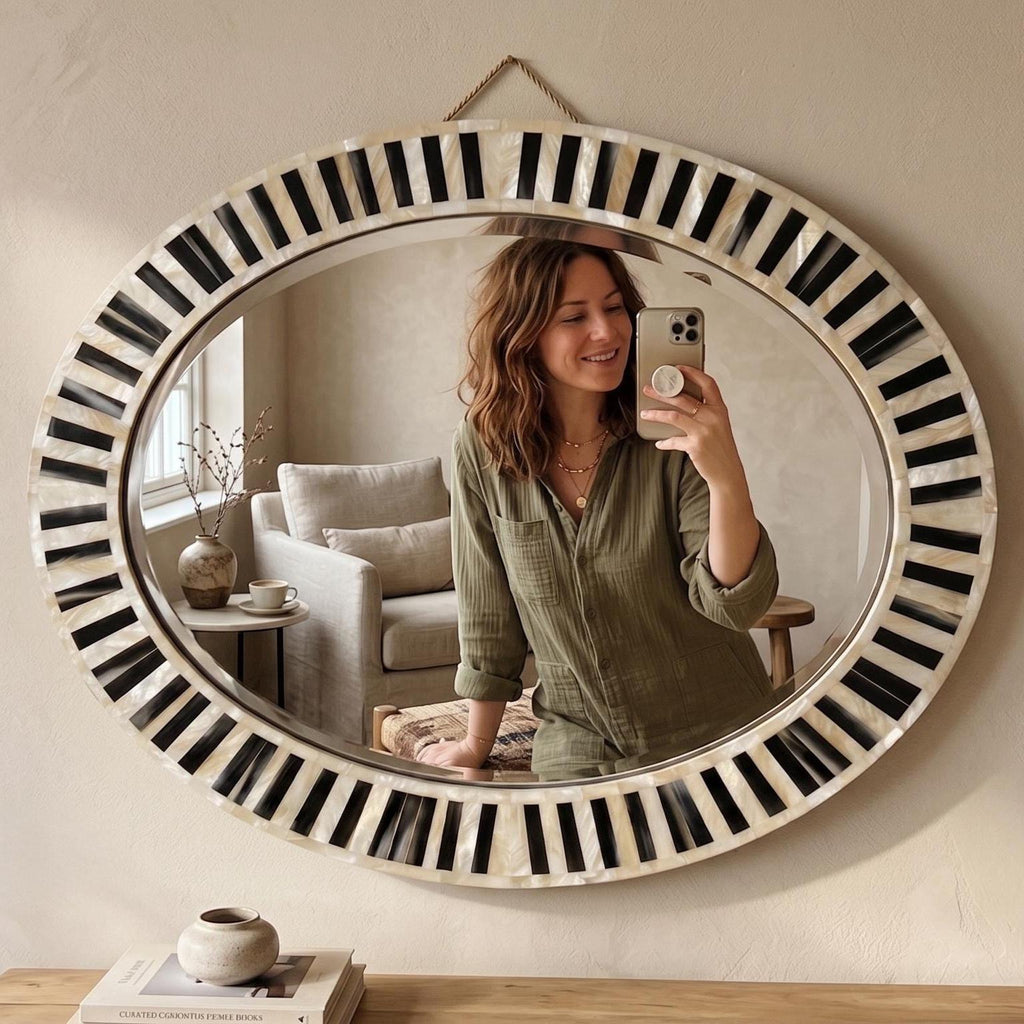 Geometric Stripe MOP Inlay Oval Mirror Contemporary Decor